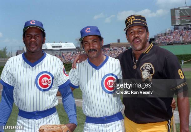 Lee Smith and Billy Williams of the Chicago Cubs and Willie Stargell of the Pittsburgh Pirates pose before a MLB game at Wrigley Field in Chicago,...