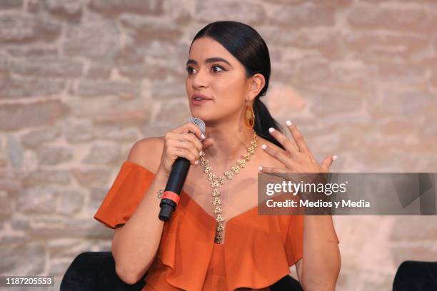 Paulina Gaitán speaks during the presentation of the TV show 'Narcos''s all season will be aired on A&E at Four Seasons Hotel Mexico City on November...