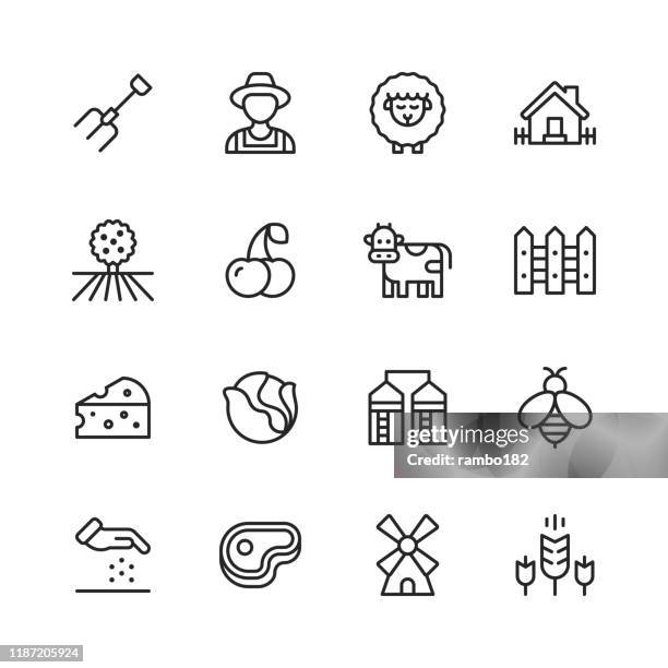 ilustraciones, imágenes clip art, dibujos animados e iconos de stock de iconos de la línea agrícola. trazo editable. píxel perfecto. para móviles y web. contiene iconos como granja, agricultura, campo, granero, animal, tractor, vegetales, frutas, ecología. - molino de viento