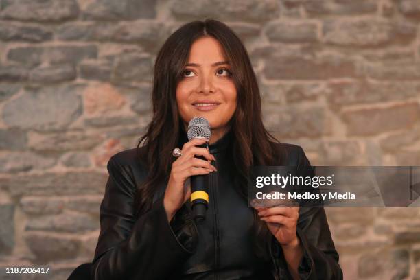 Teresa Ruiz speaks during the presentation of the TV show 'Narcos''s all season will be aired on A&E at Four Seasons Hotel Mexico City on November...