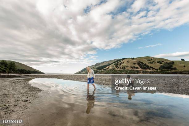 siblings looking for shellfish on the south island of new zealand - family new zealand stock-fotos und bilder