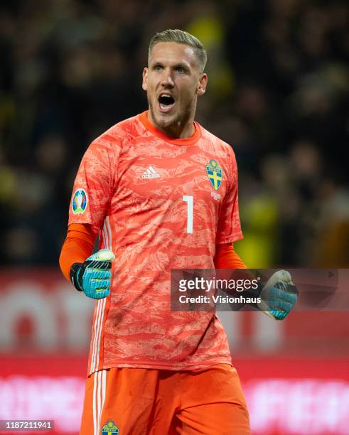 Goalkeeper Robin Olsen of Sweden celebrates as his team open the scoring during the UEFA Euro 2020 qualifier between Sweden and Spain at Friends...