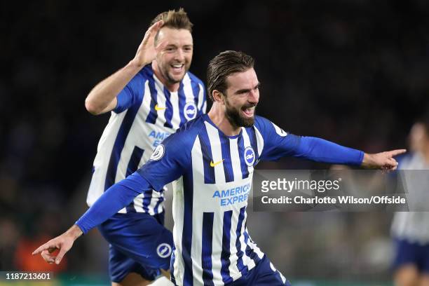 Davy Propper of Brighton celebrates scoring their 2nd goal during the Premier League match between Brighton & Hove Albion and Wolverhampton Wanderers...