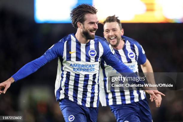 Davy Propper of Brighton celebrates scoring their 2nd goal during the Premier League match between Brighton & Hove Albion and Wolverhampton Wanderers...