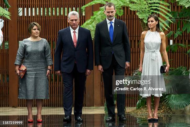 President of Cuba Miguel Diaz Canel and wife Lis Cuesta receive King Felipe VI of Spain and Queen Letizia of Spain at the Consejo de Estado on...