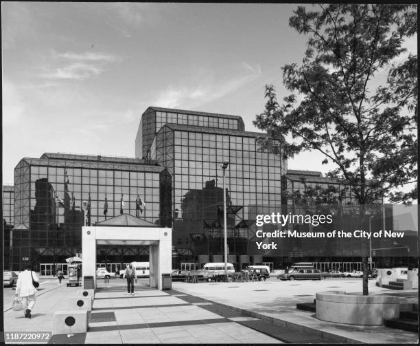 View of the Javits Center, New York, New York, circa 1990.