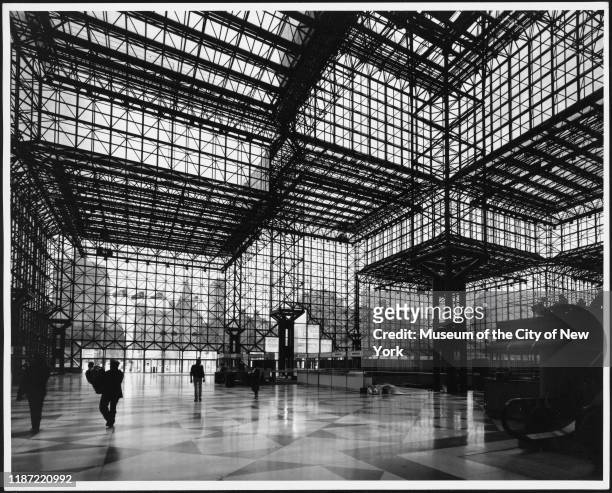 View of the lobby of the Javits Center, New York, New York, circa 1990.