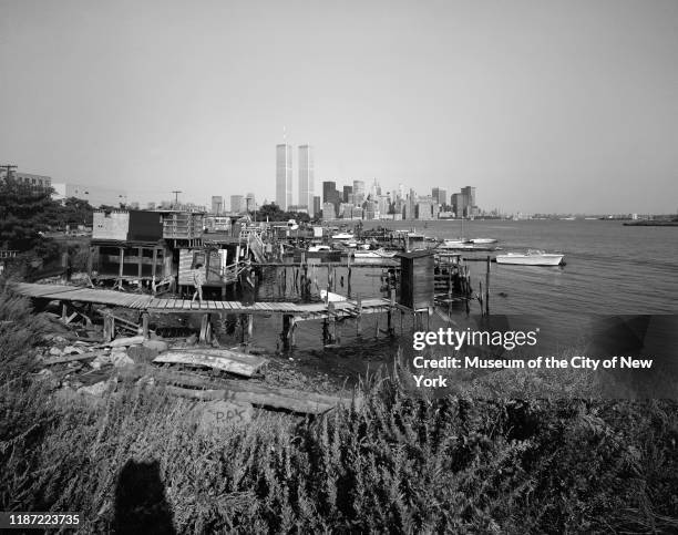 View looking northeast from a marina to Lower Manhattan, near Liberty State Park, Jersey City, New Jersey, circa 1973