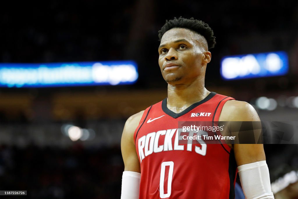 Russell Rockets Basketball Russell Westbrook of the Houston Rockets reacts in the second half ...