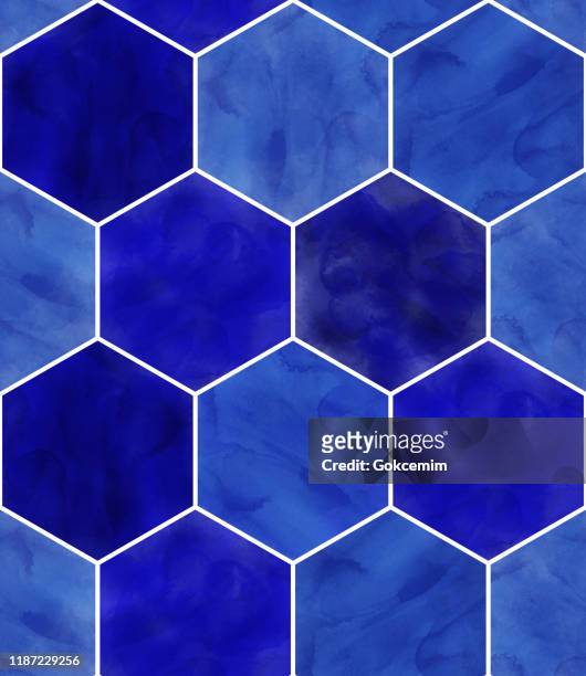 watercolor blue hexagon seamless pattern. abstract background, design element.vector tile honeycomb pattern, lisbon arabic geometric hexagon mosaic, mediterranean seamless navy blue ornament. - royal blue stock illustrations