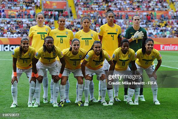 Brazil lines up for a team photo prior to the FIFA Women's World Cup 2011 Quarter Final between Brazil and USA at the Rudolf Harbig Stadium on July...