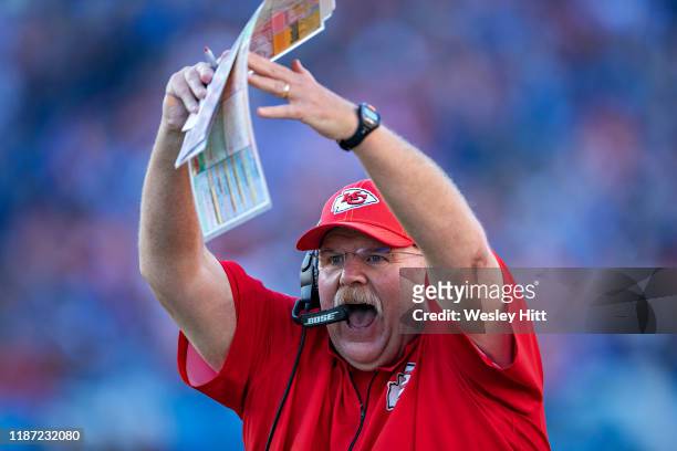 Head Coach Andy Reid of the Kansas City Chiefs calls a timeout during a game against the Tennessee Titans at Nissan Stadium on November 10, 2019 in...
