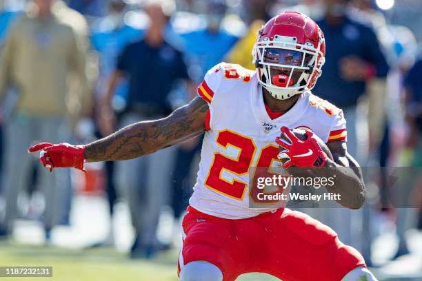 Damien Williams of the Kansas City Chiefs runs the ball during a game against the Tennessee Titans at Nissan Stadium on November 10, 2019 in...