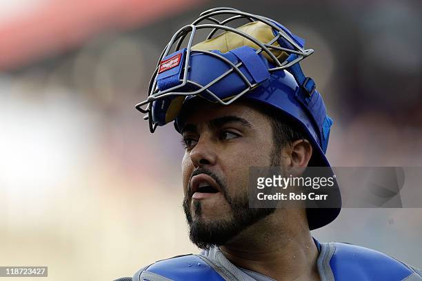 Catcher Geovany Soto of the Chicago Cubs before the start of the Cubs game against the Washington Nationals at Nationals Park on July 7, 2011 in...