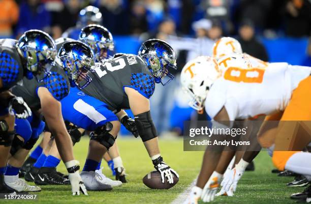 The line of scrimmage of the Tennessee Volunteers against the Kentucky Wildcats at Commonwealth Stadium on November 09, 2019 in Lexington, Kentucky.