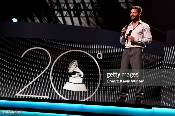 Ricky Martin speaks onstage during rehearsals for the 20th annual Latin GRAMMY Awards at MGM Grand Hotel & Casino on November 12, 2019 in Las Vegas,...