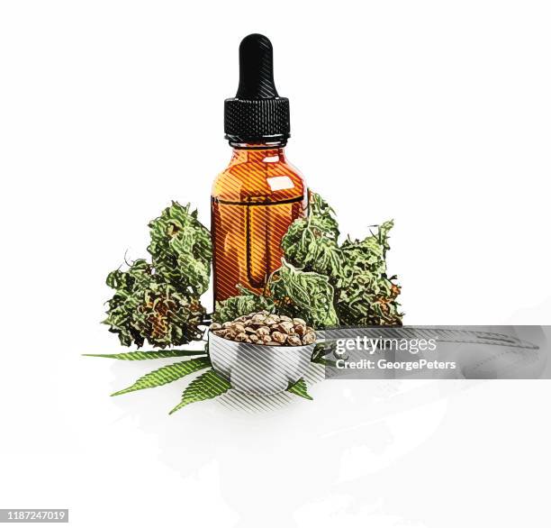 close-up of cbd oil bottle with hemp flowers and leaves - cannabis buds on white stock illustrations