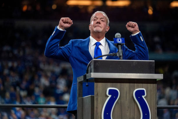 Indianapolis Colts owner Jim Irsay reacts to applause during Dwight Freeney"u2019s induction in the team"u2019s Ring of Honor during halftime of the...
