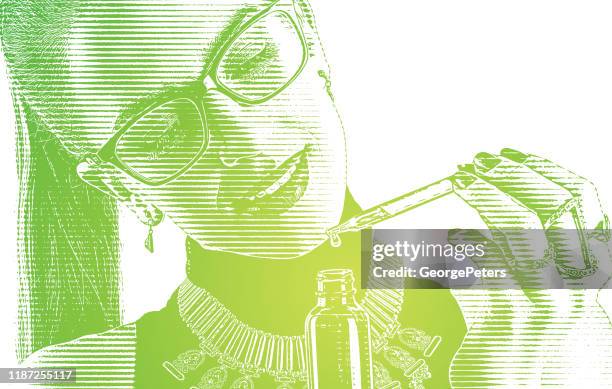 young woman using cbd oil bottle and pipette - cannabis oil stock illustrations
