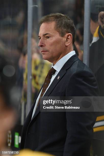 Head coach Bruce Cassidy of the Boston Bruins watches the second period against the Florida Panthers at the TD Garden on November 12, 2019 in Boston,...