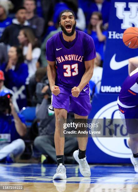 Riley of the Evansville Aces celebrates in the 67-64 win over the Kentucky Wildcats at Rupp Arena on November 12, 2019 in Lexington, Kentucky.