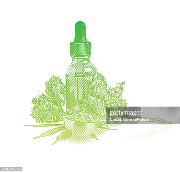close-up of cbd oil bottle with hemp flowers and leaves - cannabis oil stock illustrations