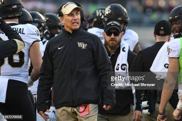 Head coach Dave Clawson of the Wake Forest Demon Deacons looks on during the game against the Virginia Tech Hokies at Lane Stadium on November 9,...