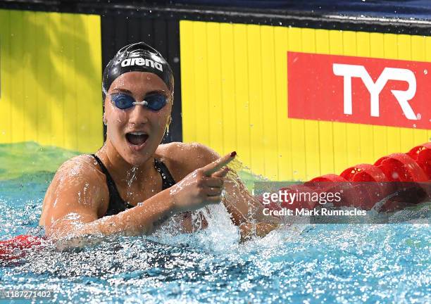 Simona Quadarella of Italy reacts after winning the Womens 400m Freestyle Final during Day 5 of the LEN European Short Course Championships 2019 at...