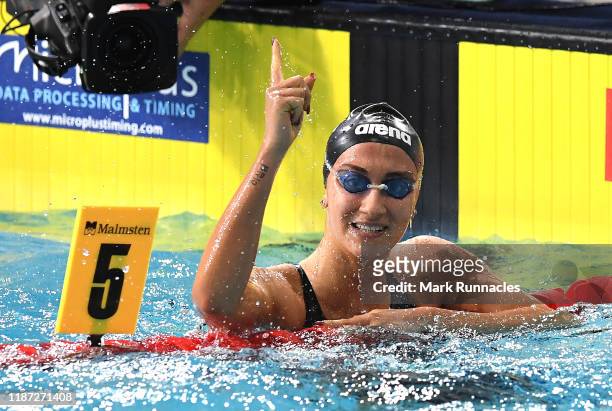 Simona Quadarella of Italy reacts after winning the Womens 400m Freestyle Final during Day 5 of the LEN European Short Course Championships 2019 at...