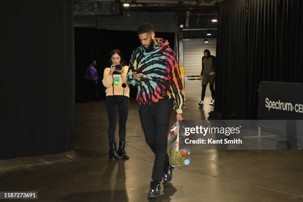 Allen Crabbe of the Atlanta Hawks arrives before game against the Charlotte Hornets on DECEMBER 8, 2019 at Spectrum Center in Charlotte, North...