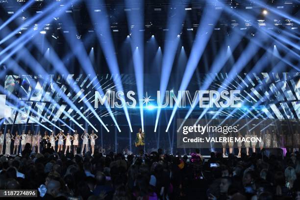 Entertainer Steve Harvey speaks on stage during the 2019 Miss Universe pageant at the Tyler Perry Studios in Atlanta, Georgia on December 8, 2019.