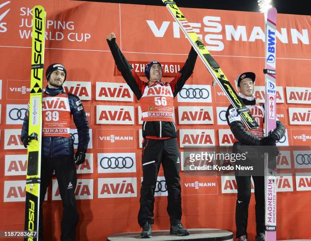 Stefan Kraft of Austria is pictured at the ceremony after winning the men's large hill individual competition at Ski Jumping World Cup in Nizhny...