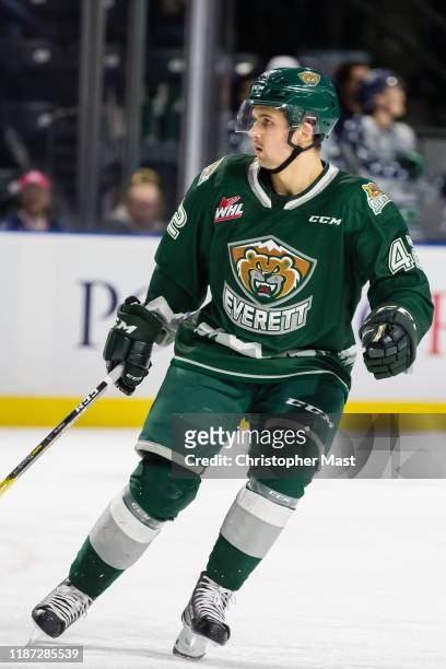 Everett Silvertips forward Cole Fonstad skates back on defense against the Seattle Thunderbirds in the third period at accesso ShoWare Center on...