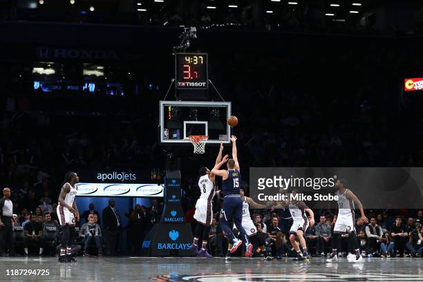 Tissot shot clock is seen during the action between the Brooklyn Nets and the Denver Nuggets at Barclays Center on December 08, 2019 in New York...