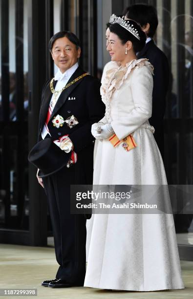 Emperor Naruhito and Empress Masako stand prior to the imperial parade for enthronement of Emperor Naruhito on November 10, 2019 in Tokyo, Japan....