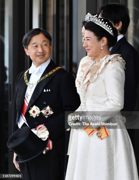 Emperor Naruhito and Empress Masako stand prior to the imperial parade for enthronement of Emperor Naruhito on November 10, 2019 in Tokyo, Japan....