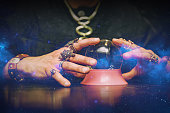 Sorcerer uses a crystal ball to predict the future.