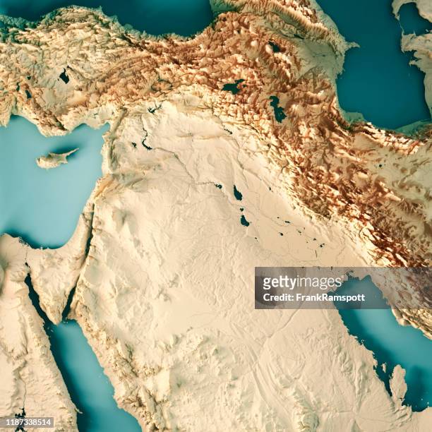 naher osten syrien irak 3d render topografische karte farbe - turkey middle east stock-fotos und bilder