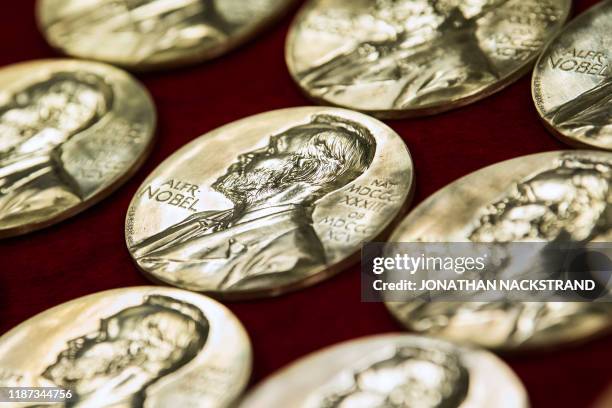 Nobel Prize medals are pictured at the end of the production on October 29, 2019 in Eskilstuna, Sweden. - The Nobel Prize awards ceremonies will take...
