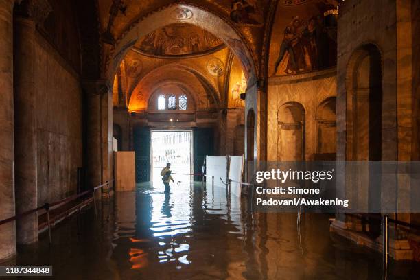 View inside the flooded Basilica of St. Mark during an exceptional high tide on November 13, 2019 in Venice, Italy. Venice's second highest tide...