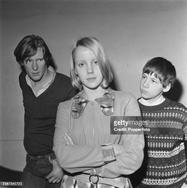 From left, British actors Dennis Waterman, Georgina Hale and Edward McMurray posed together during filming of the Drama '67 episode 'Cross My Heart...