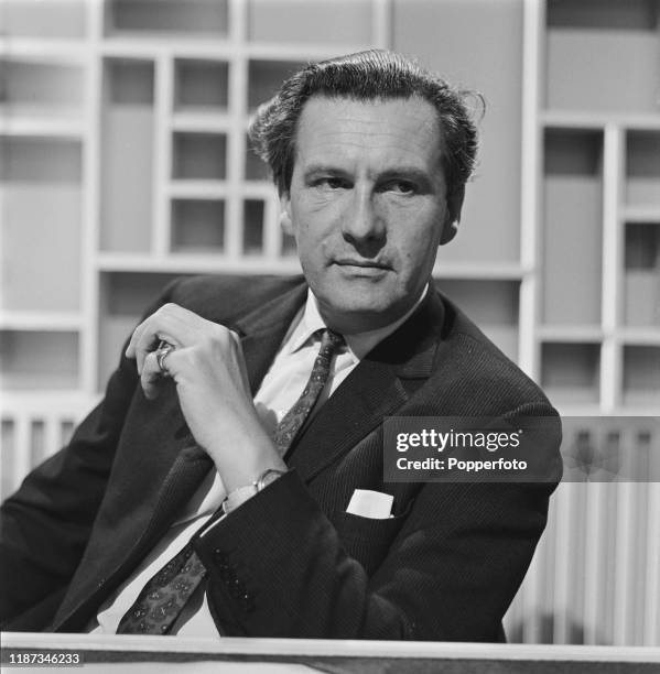 Scottish journalist and broadcaster Ludovic Kennedy posed in a television studio in February 1967.