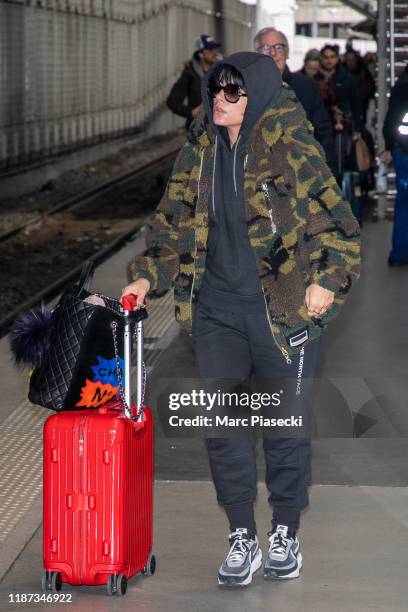 Singer Lily Allen is seen at Gare du Nord station on November 13, 2019 in Paris, France.