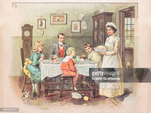 illustrations, cliparts, dessins animés et icônes de famille ayant le dîner dans le salon 1900 - style belle époque