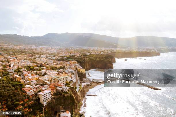 salerno, italy november 4 2019: salerno city view on houses, fortress and sea beach from the top of the castle - salerno stock pictures, royalty-free photos & images