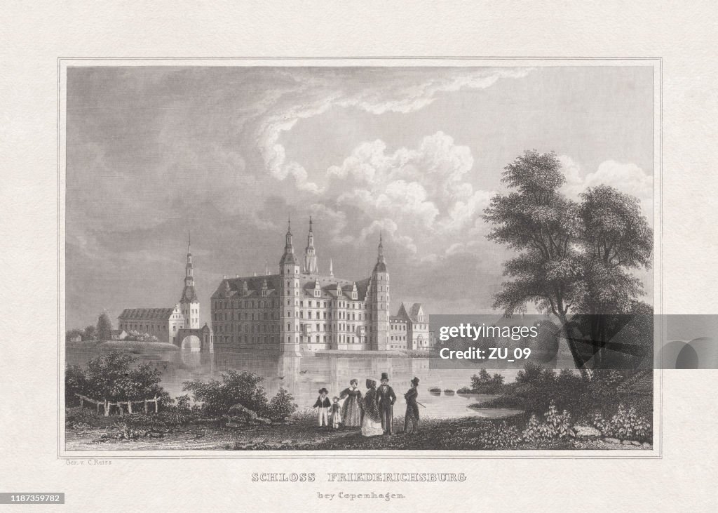 Frederiksborg Castle near Copenhagen, Denmark, steel engraving, published in 1857