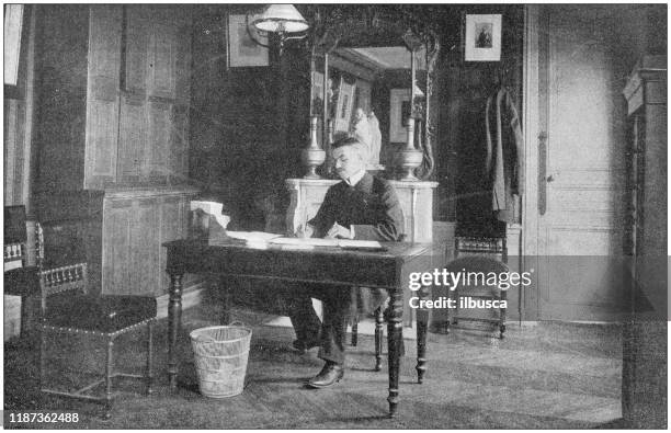antique photo: student association office - old library interior stock illustrations