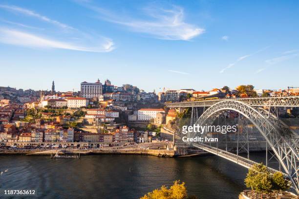 maria pia bridge over the douro river, at porto, portugal - porto imagens e fotografias de stock