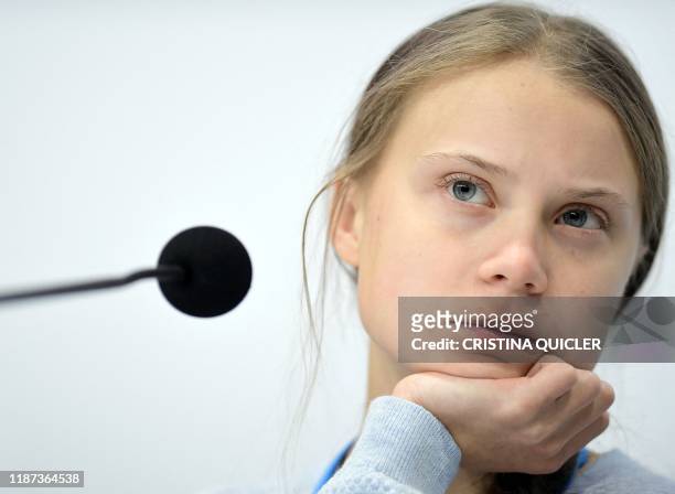Swedish climate activist Greta Thunberg holds a press conference with other young activists to discuss the ongoing UN Climate Change Conference COP25...