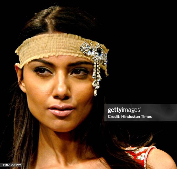 Model displays a creation by fashion designer Surily Goel during the Wills Lifestyle India Fashion Week at Pragati Maidan, on September 7, 2007 in...